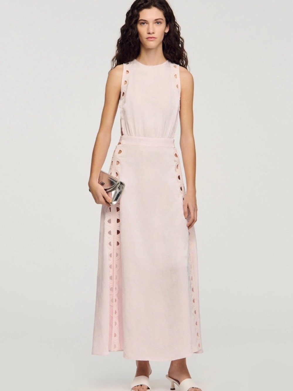 Sleeveless Pale Blush Maxi Dress with Decorative Cutwork